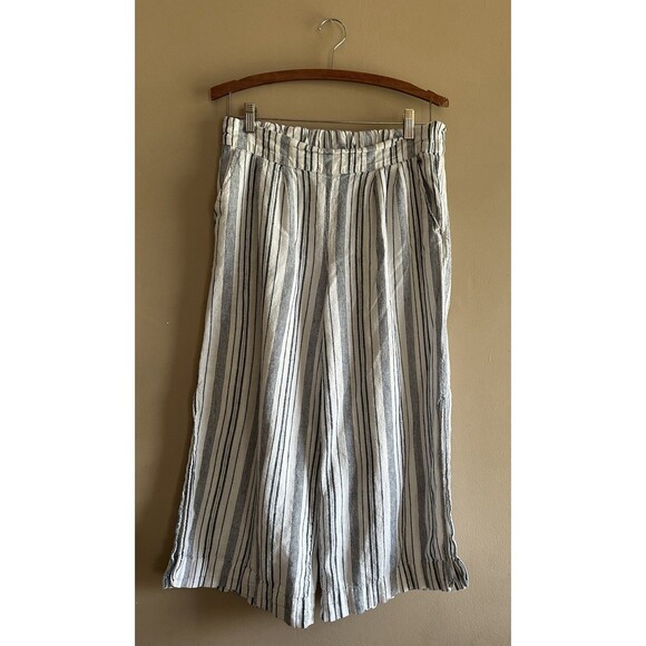 Ellen Tracy Pants - Ellen Tracy Pants Womens M Black Cream Striped Cropped Wide Leg Linen Coastal